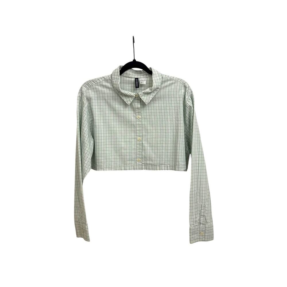 Divided 90's Y2K Throwback Preppy Cropped Green Plaid Button Down Shirt Large